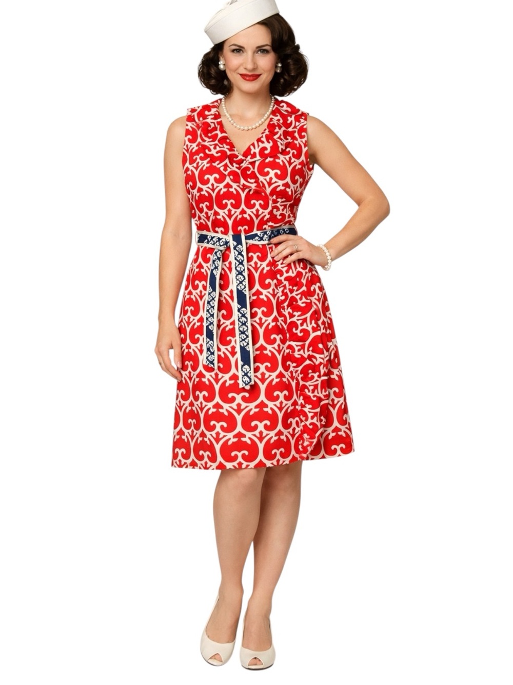 Dizzy Lizzie Scroll Dress S Ruffles Contrast Belt Mrs Maisel Red White